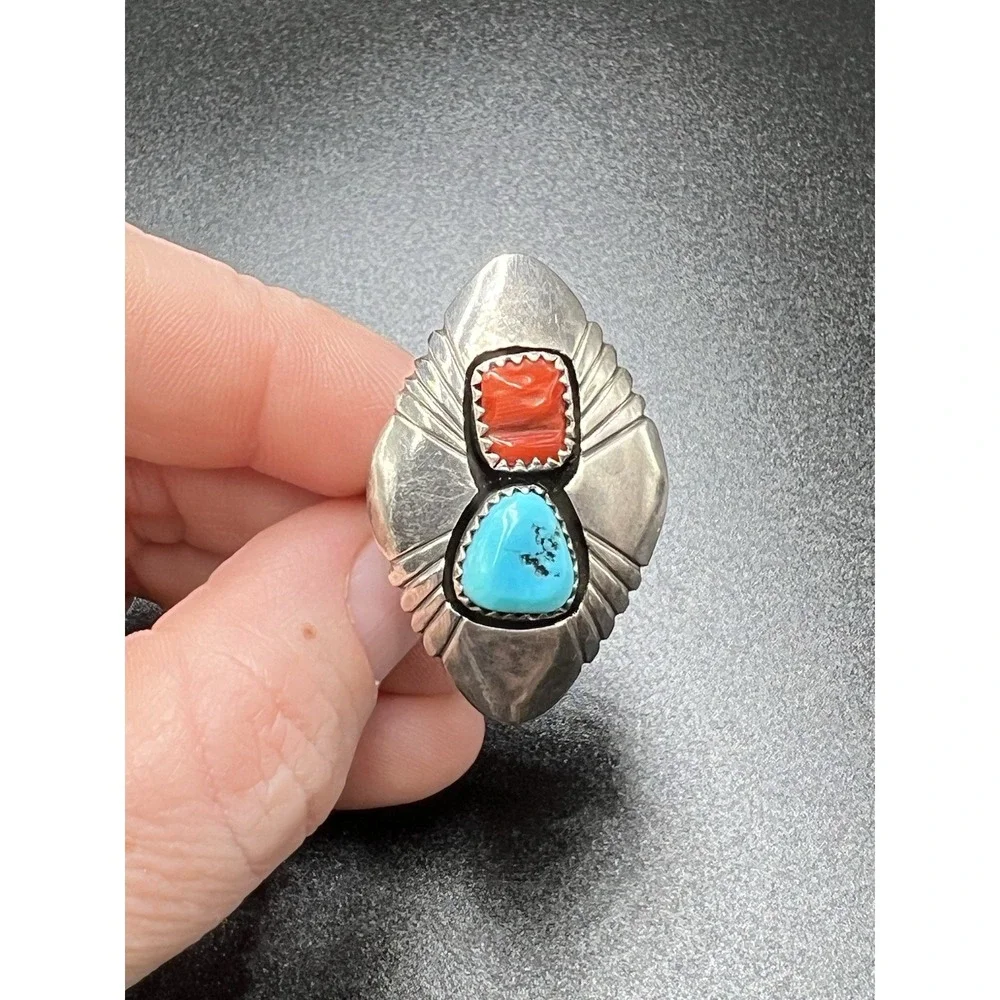 Vintage‎ Native American Navajo Turquoise And Coral Silver Ring Signed S Dickens